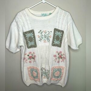 Vintage Knit Quilt Flower Pattern Short Sleeved Sweater Colleens Collectables XL